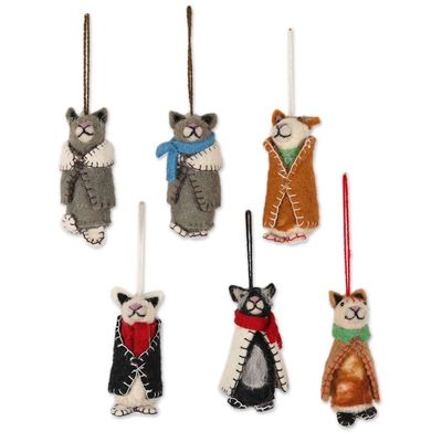 Alternate image for Embroidered Wool Cat Ornaments from India Set of 6 Cozy Animals