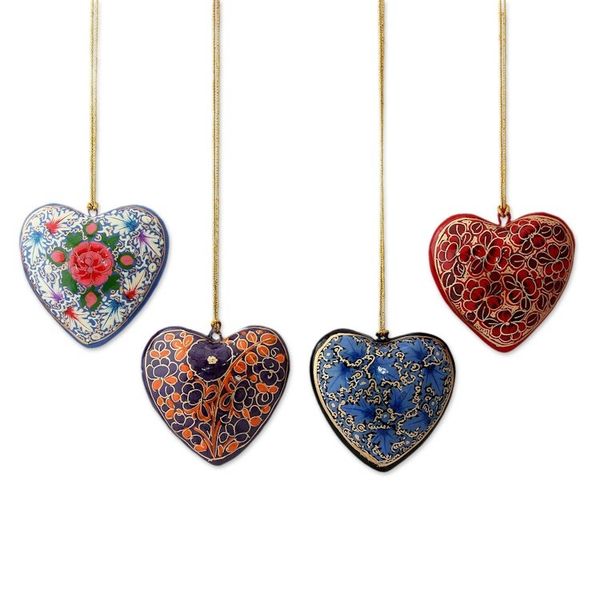 Alternate image for 4 Artisan Crafted Papier Mache Ornaments Flower Hearts Set Bouquet of Hearts