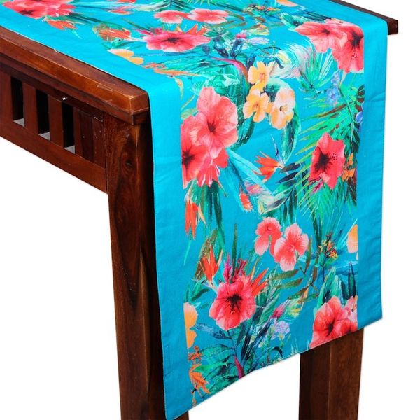 Alternate image for Turquoise Blue Cotton Table Runner with Floral Pattern Floral Greetings