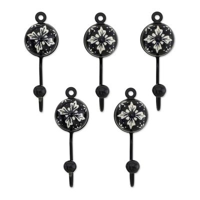 Alternate image for Five Floral Black and White Ceramic Coat Hooks from India Flower Stars