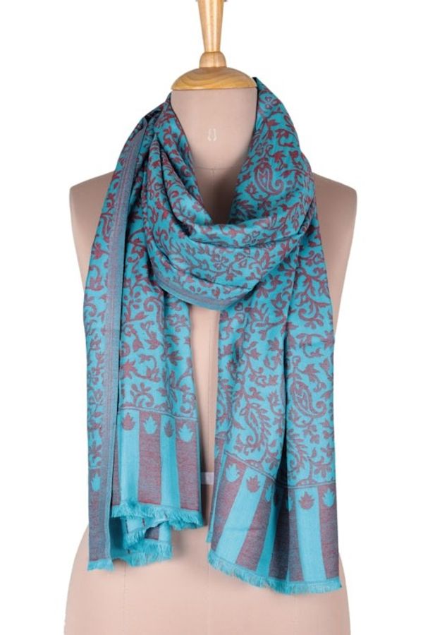Alternate image for Blue and Red Jacquard Woven Shawl from India Paisley Fanfare in Cardinal