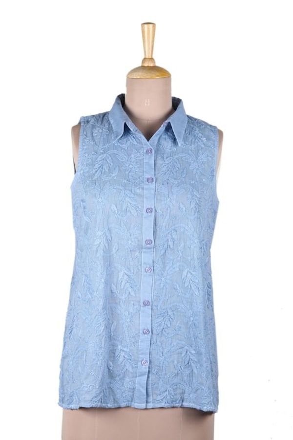 Alternate image for Sleeveless Blue Cotton Button Front Embroidered Blouse Spring Festivity in Blue