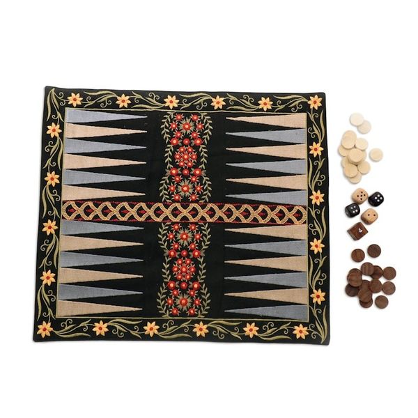 Alternate image for Floral Embroidered Backgammon Set Ganga Garden in Red