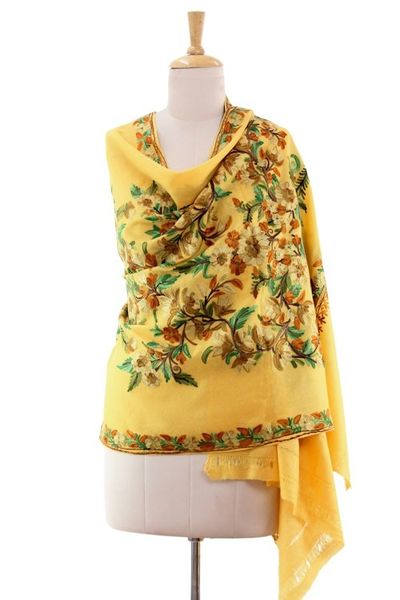 Alternate image for India Yellow Floral Shawl with Chain Stitch Embroidery Flowers in the Sun