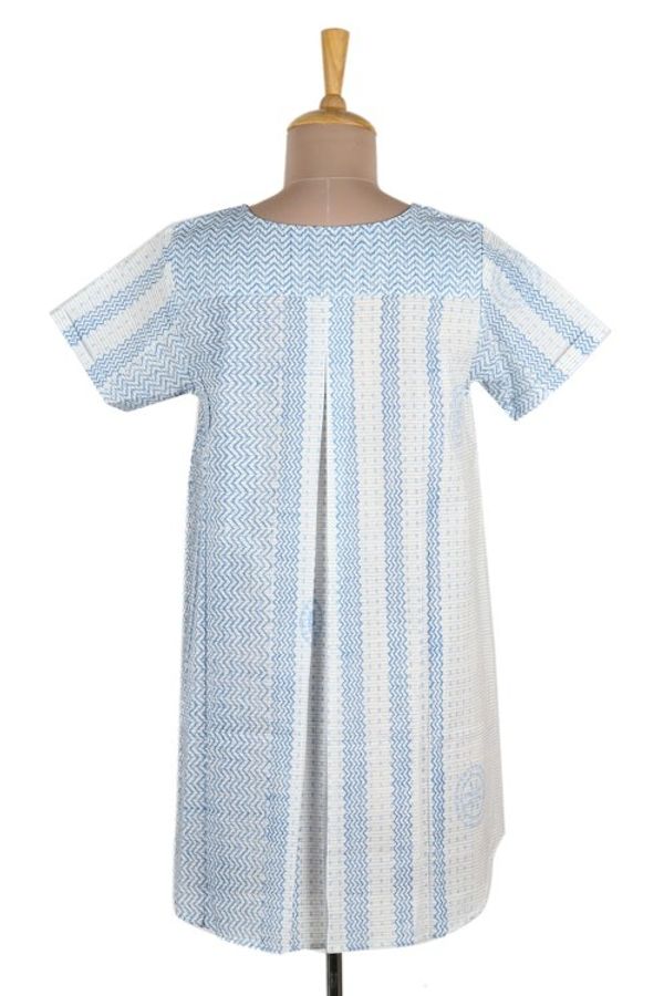 Alternate image for Block Printed White Cotton Top with Light Blue Stripe Detail Waves of Blue