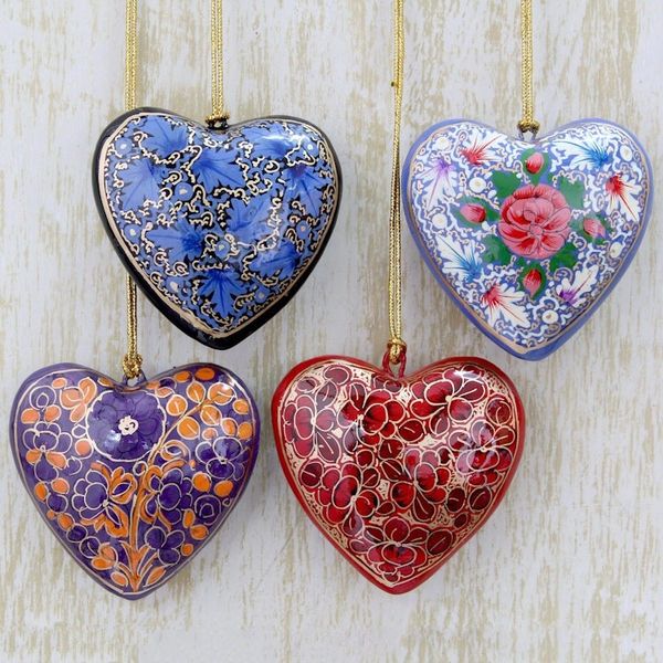 Alternate image for 4 Artisan Crafted Papier Mache Ornaments Flower Hearts Set Bouquet of Hearts