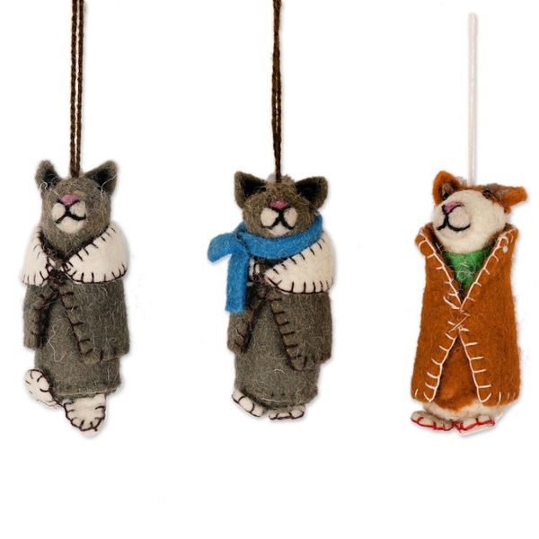 Alternate image for Embroidered Wool Cat Ornaments from India Set of 6 Cozy Animals