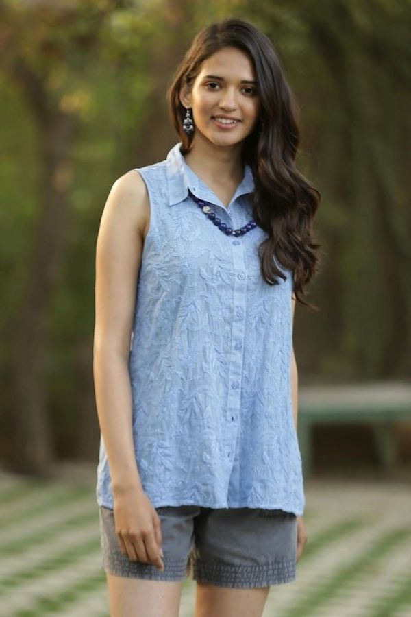 Alternate image for Sleeveless Blue Cotton Button Front Embroidered Blouse Spring Festivity in Blue