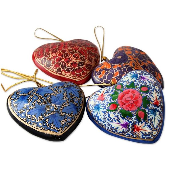 Alternate image for 4 Artisan Crafted Papier Mache Ornaments Flower Hearts Set Bouquet of Hearts