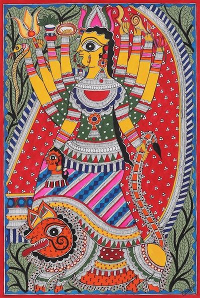 Alternate image for Madhubani Goddess Painting on Handmade Paper Majestic Durga