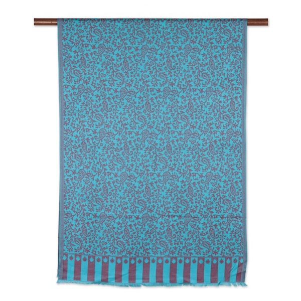 Alternate image for Blue and Red Jacquard Woven Shawl from India Paisley Fanfare in Cardinal