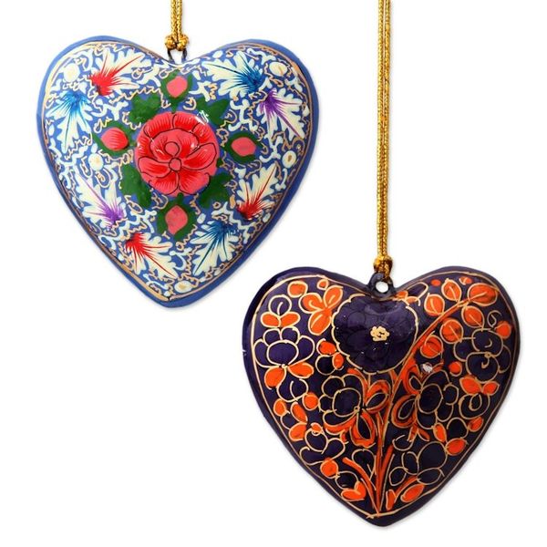 Alternate image for 4 Artisan Crafted Papier Mache Ornaments Flower Hearts Set Bouquet of Hearts