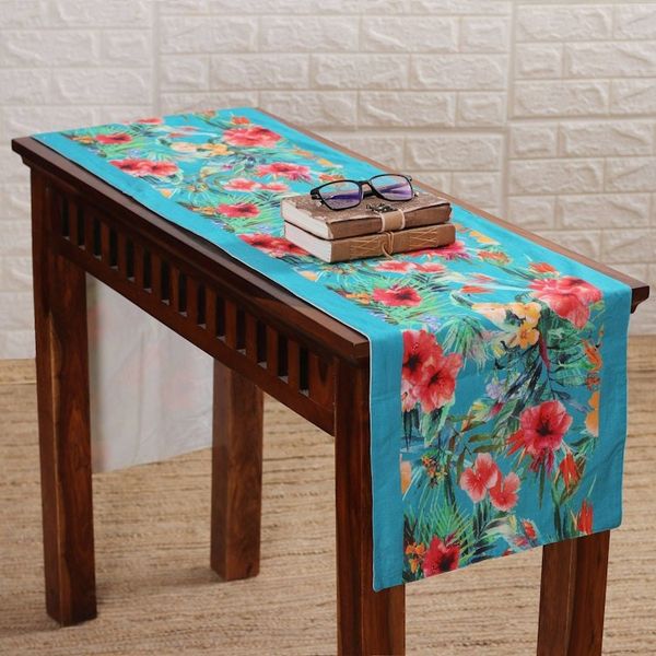 Alternate image for Turquoise Blue Cotton Table Runner with Floral Pattern Floral Greetings