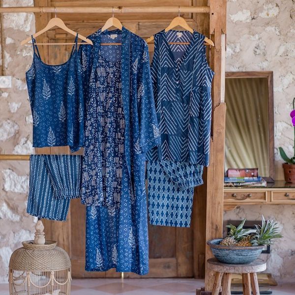 Alternate image for Cotton Pajama Set with Chevron and Boho-Inspired Prints Geometric Indigo
