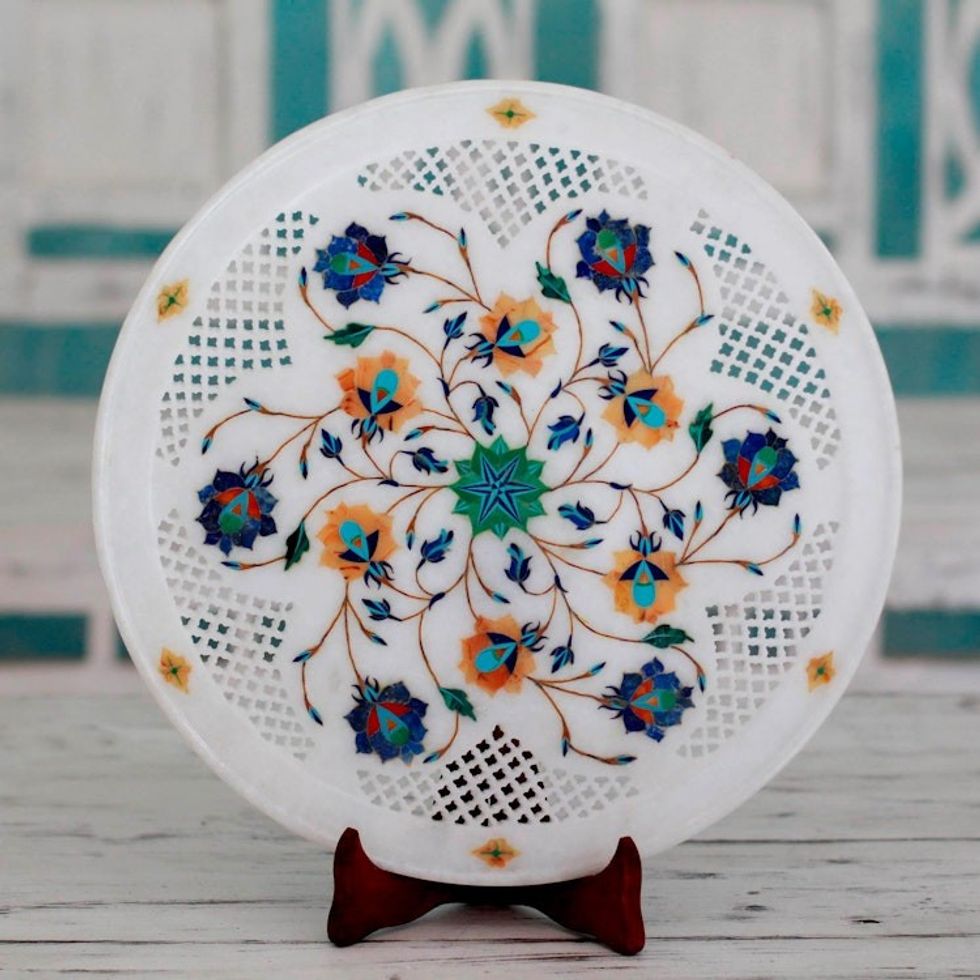 Jali Pattern Floral Marble Inlay Decorative Plate from India 'Natural Harmony'