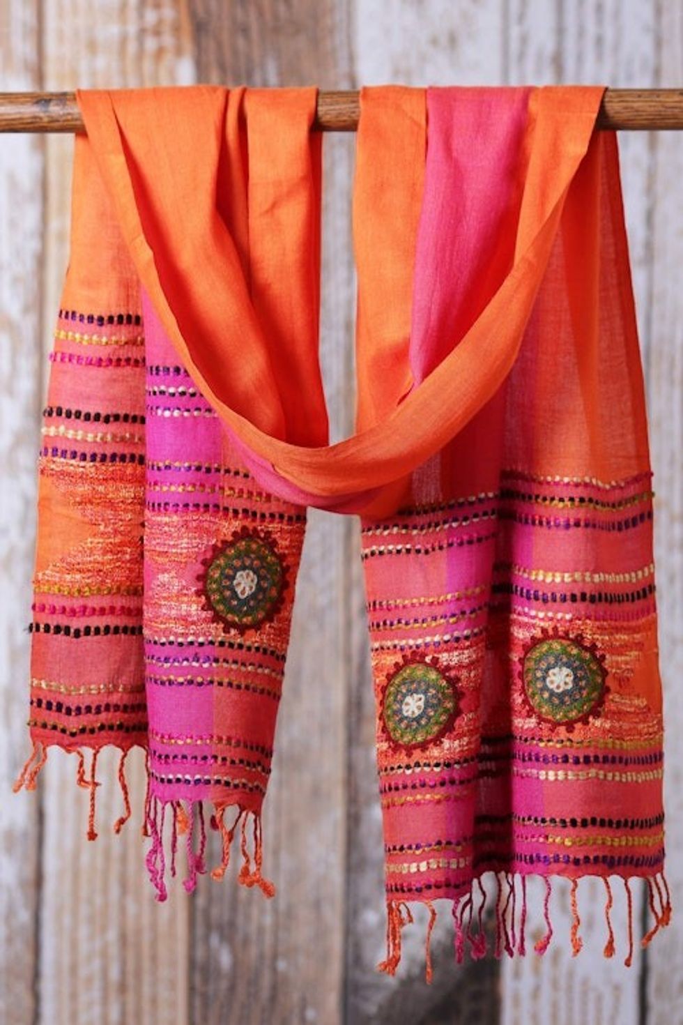 Woven Fringed Viscose Scarf with Embroidery in Orange  Pink 'Vibrant Impressions'