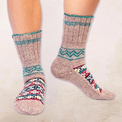 Alternate image for Fair Trade Hand-Knit Floral Patterned Slipper Style Socks Floral Winter