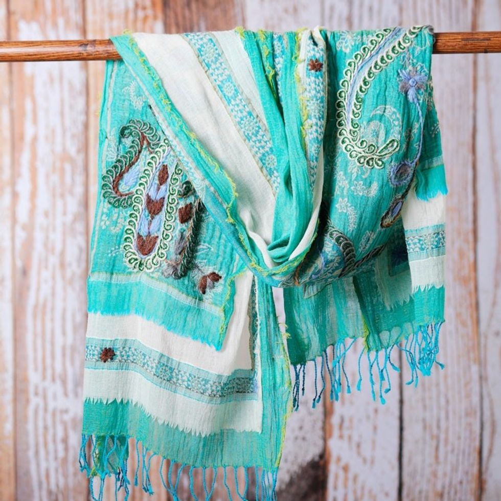 Hand-Embroidered Wool and Cotton Blend Shawl in Turquoise 'Paisley Whispers'