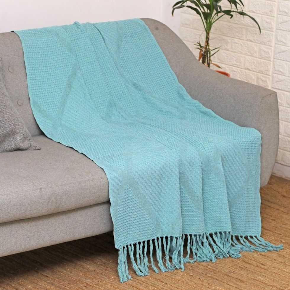 Diamond-Patterned Cotton Throw in a Solid Aquamarine Hue 'Aquamarine Desire'