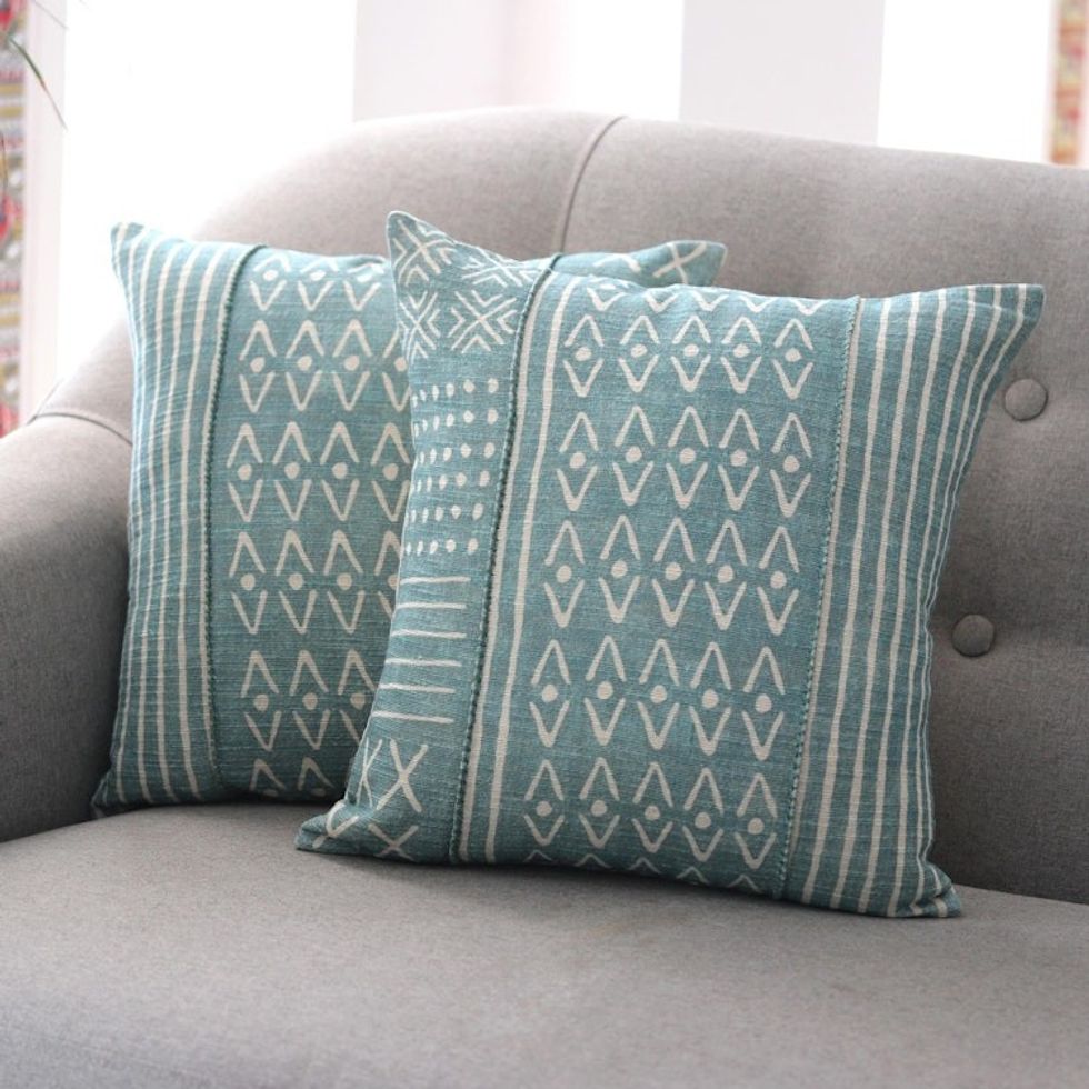 Cotton Cushion Covers with Geometric Patterns Pair 'Jade Sea'