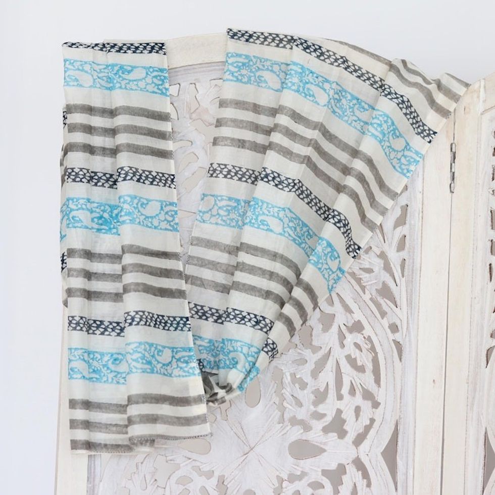 Striped Grey Cotton Chanderi Scarf from India 'Paisley Breeze'