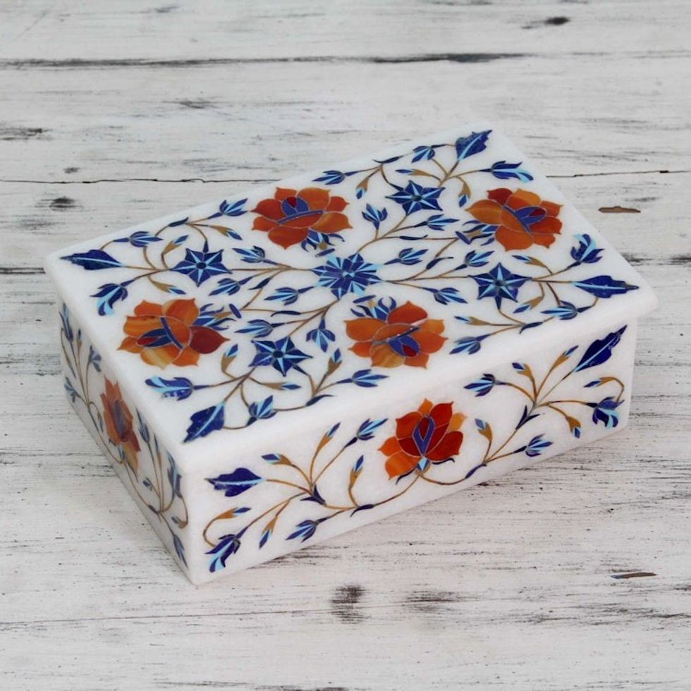 Hand Crafted Flower Theme Marble Inlay Jewelry Box 'Marigolds'