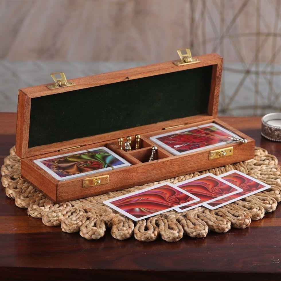 Handcrafted Acacia and Haldu Wood Cribbage Game from India 'Lucky Minds'