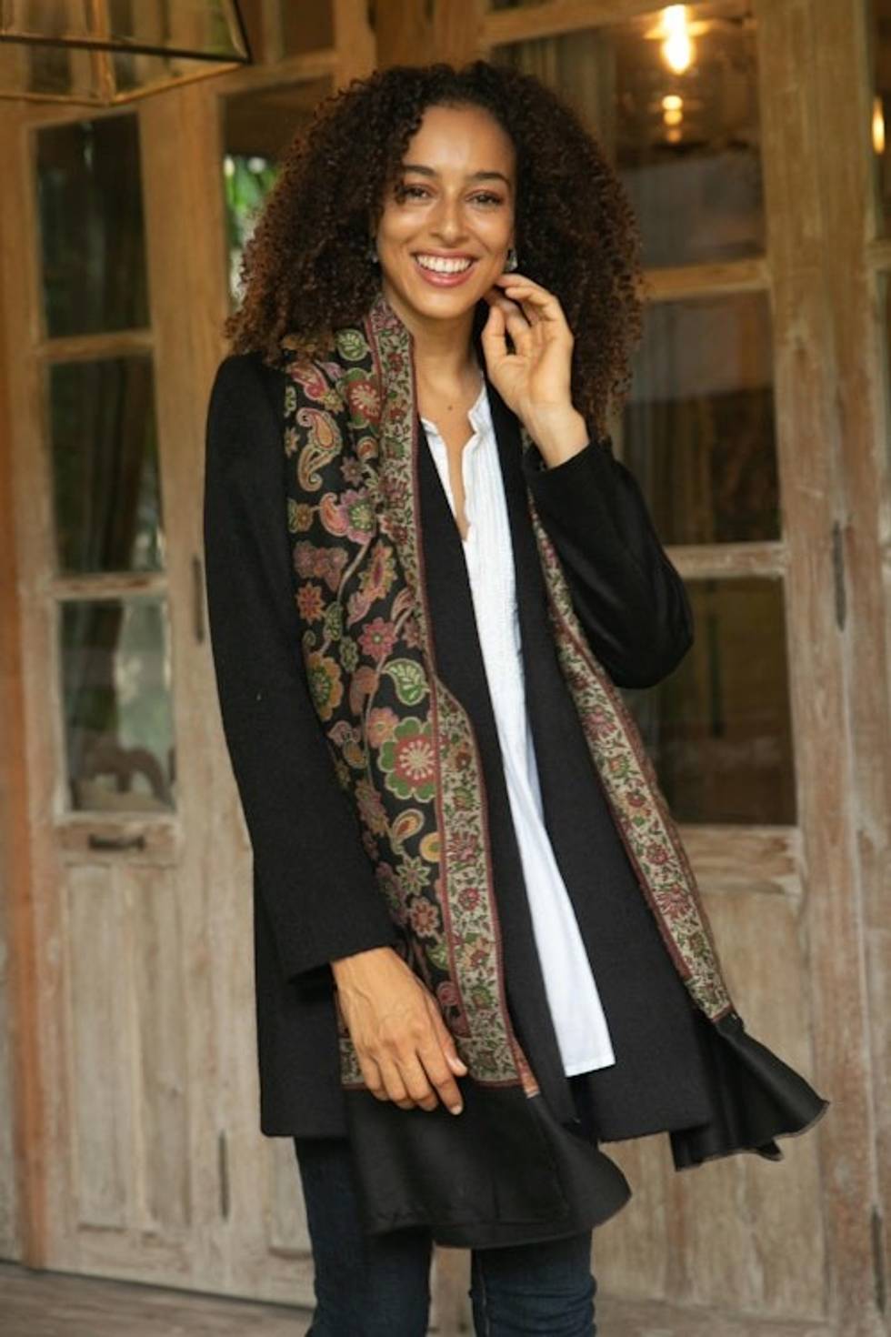 Floral Wool Shawl in Black from India 'Midnight Posies'