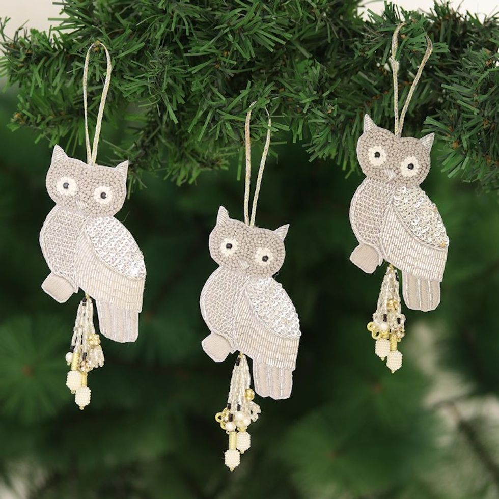 Beaded Owl Christmas Ornaments Set of 3 'Owl Glitz'