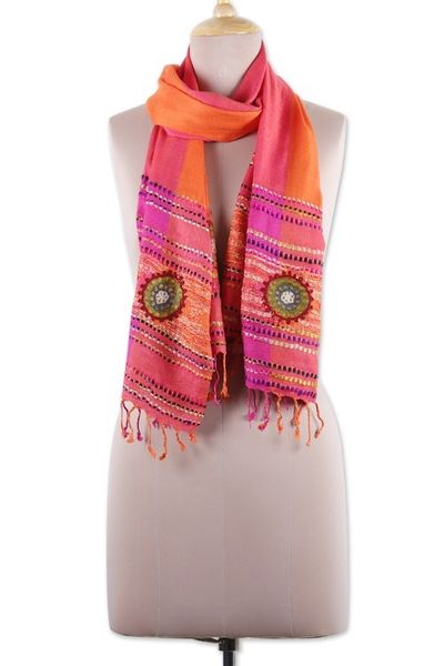 Alternate image for Woven Fringed Viscose Scarf with Embroidery in Orange  Pink Vibrant Impressions