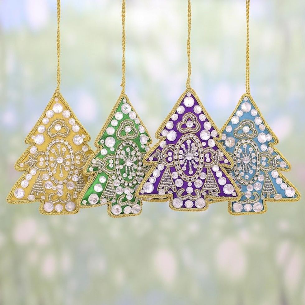 4 Tree Shaped Multicolored Embroidered Ornaments from India 'Colorful Holiday'