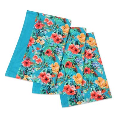 Alternate image for Set of 3 Turquoise Cotton Dish Towels with Floral Motifs Floral Affection