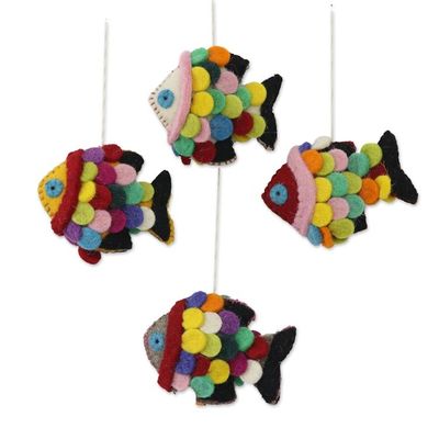 Alternate image for Set of Four Multicolored Wool Fish Ornaments from India Rainbow Scales