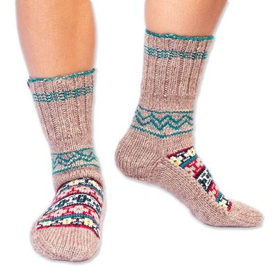 Alternate image for Fair Trade Hand-Knit Floral Patterned Slipper Style Socks Floral Winter