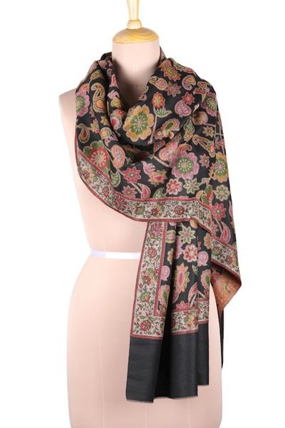 Alternate image for Floral Wool Shawl in Black from India Midnight Posies