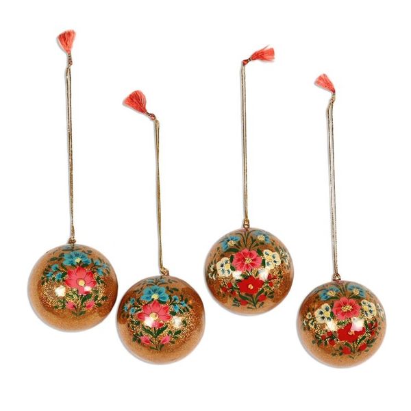 Alternate image for Papier Mache Ornaments with Floral Motifs Set of 4 Blooming Holiday