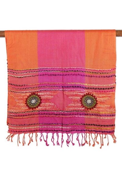 Alternate image for Woven Fringed Viscose Scarf with Embroidery in Orange  Pink Vibrant Impressions