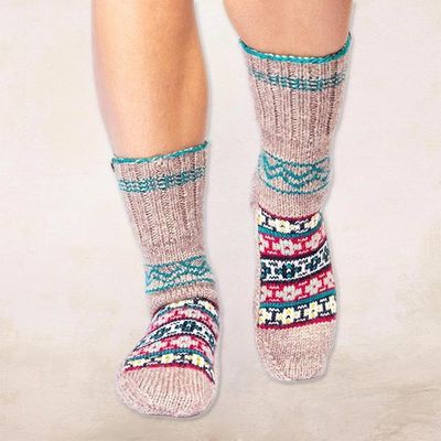 Alternate image for Fair Trade Hand-Knit Floral Patterned Slipper Style Socks Floral Winter