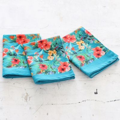 Alternate image for Set of 3 Turquoise Cotton Dish Towels with Floral Motifs Floral Affection