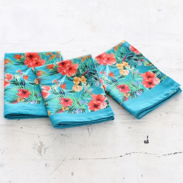 Alternate image for Set of 3 Turquoise Cotton Dish Towels with Floral Motifs Floral Affection