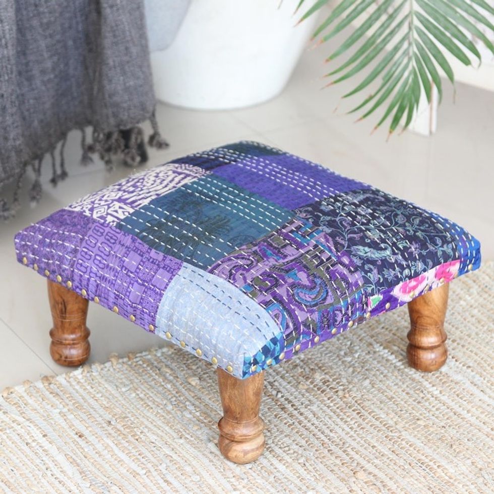 Hand-Embroidered Patchwork Ottoman Footstool 'Purple Patches'