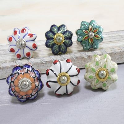 Alternate image for Floral Ceramic Knobs Crafted in India Set of 6 Floral Homestead
