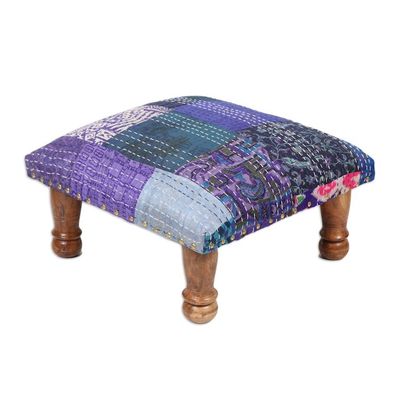 Alternate image for Hand-Embroidered Patchwork Ottoman Footstool Purple Patches