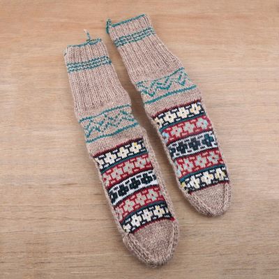 Alternate image for Fair Trade Hand-Knit Floral Patterned Slipper Style Socks Floral Winter