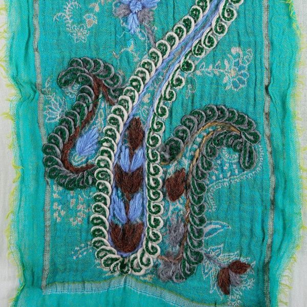 Alternate image for Hand-Embroidered Wool and Cotton Blend Shawl in Turquoise Paisley Whispers
