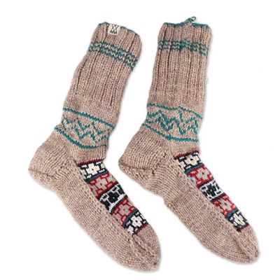 Alternate image for Fair Trade Hand-Knit Floral Patterned Slipper Style Socks Floral Winter