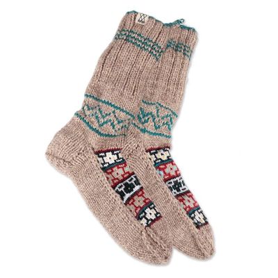 Alternate image for Fair Trade Hand-Knit Floral Patterned Slipper Style Socks Floral Winter