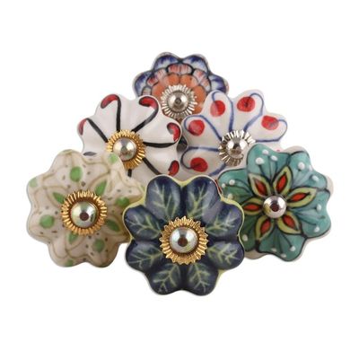 Alternate image for Floral Ceramic Knobs Crafted in India Set of 6 Floral Homestead