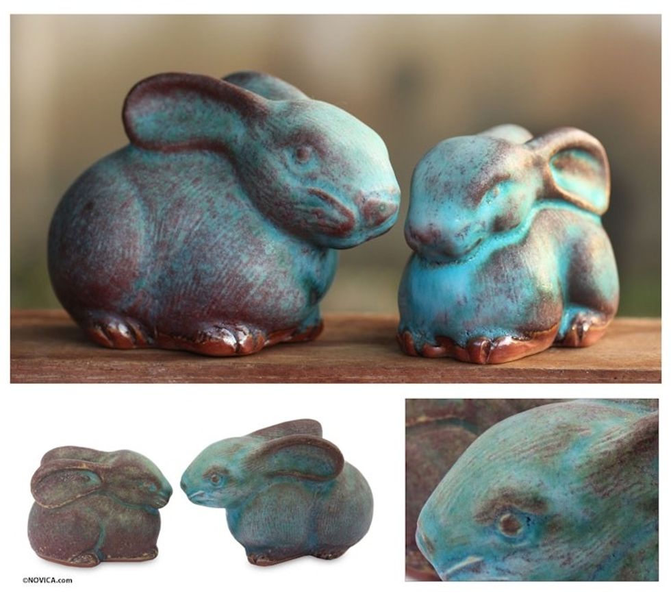 2 Celadon Ceramic Rabbit Figurines in Turquoise 'Bunny Rabbits'