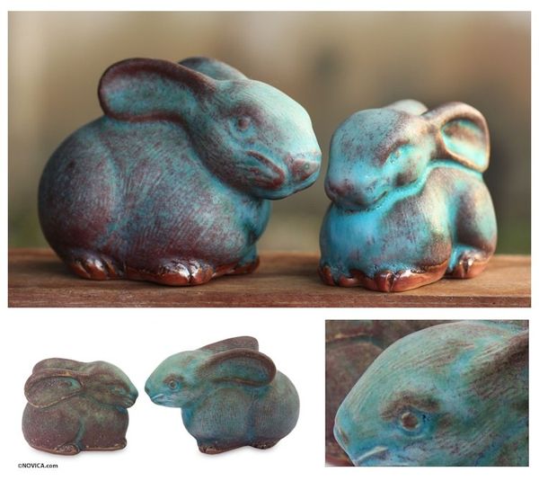 Alternate image for 2 Celadon Ceramic Rabbit Figurines in Turquoise Bunny Rabbits